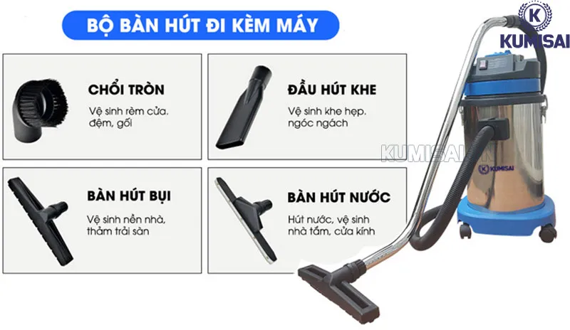 Bộ phụ kiện theo kèm máy hút bụi Kumisai phong phú, tiện dụng Bộ phụ kiện theo kèm máy hút bụi Kumisai phong phú, tiện dụng