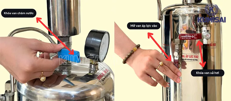 Khóa van xả hơi & mở van áp lực