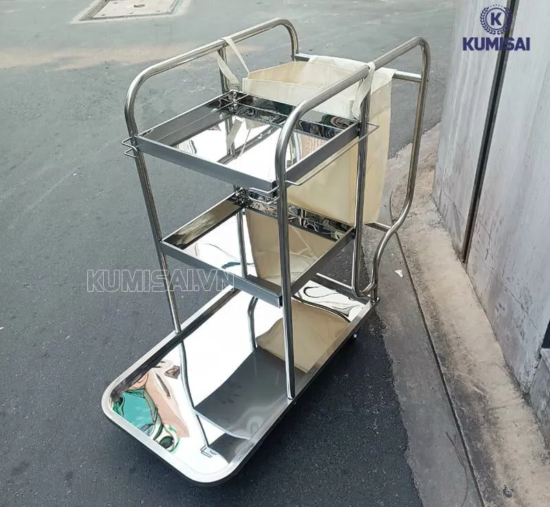 Xe đẩy làm vệ sinh inox 3 tầng hiện đại