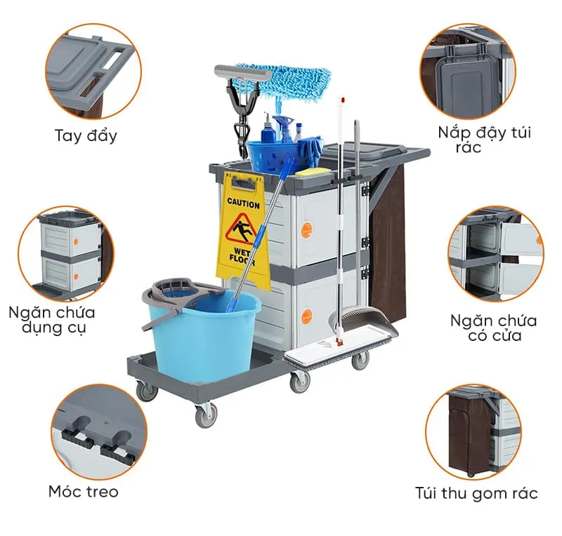 Các bộ phận chính trên xe đẩy vệ sinh Các bộ phận chính trên xe đẩy vệ sinh