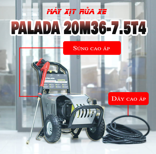 Máy rửa xe Palada 20M36-7.5T4 với đầy đủ các phụ kiện đi kèm