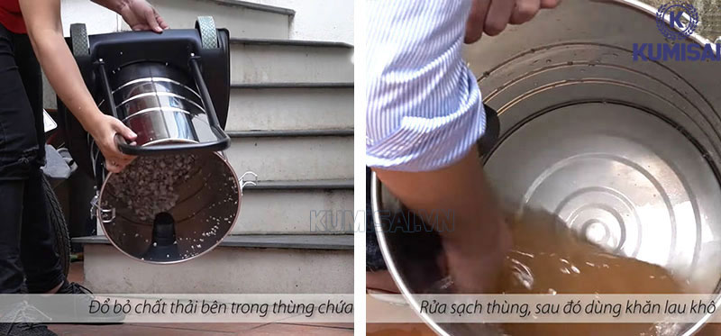 Tiến hành đổ rác, vệ sinh thùng chứa máy hút bụi Kumisai KMS 70A