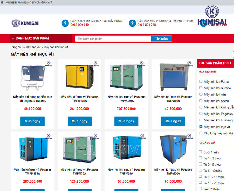 Máy nén khí 15kW được bán chính hãng tại Kumisai.vn