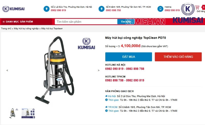 Mức giá bán công khai máy hút bụi công nghiệp TopClean PD70 tại Kumisai Việt Nam