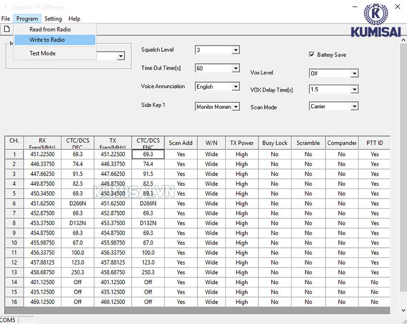 Bảng tần số mới bộ đàm sau khi cài