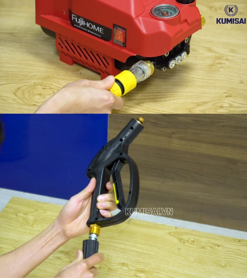 Kết nối súng phun với dây dẫn nước và máy Kết nối súng phun với dây dẫn nước và máy
