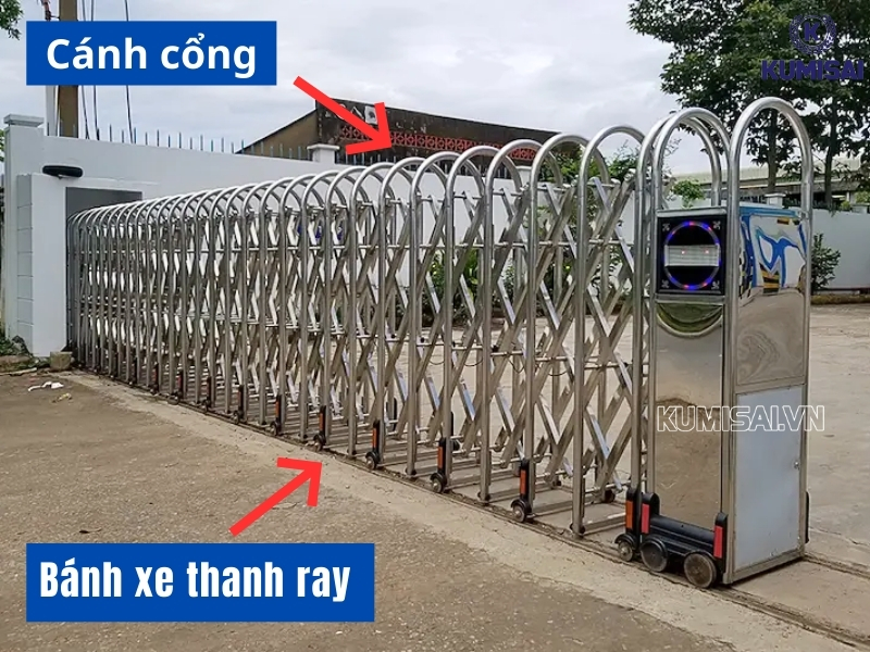 Cánh cổng, thanh ray và bánh xe di chuyển của cổng xếp lùa