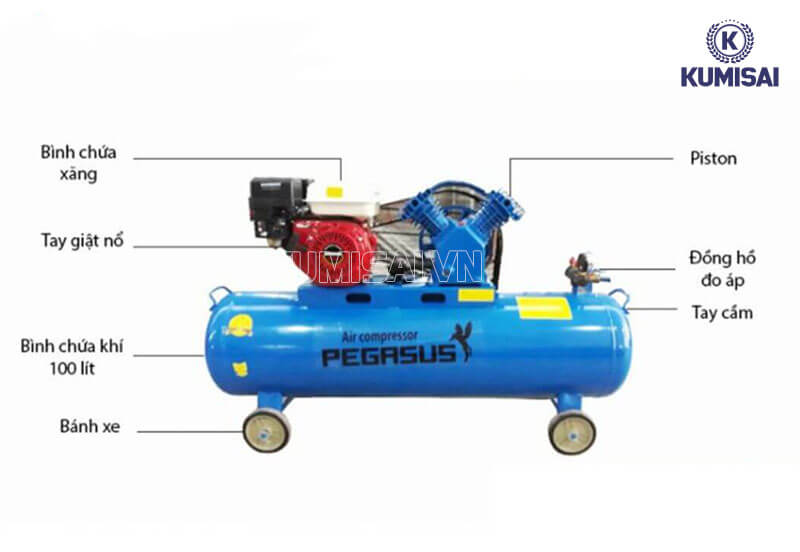Cấu tạo máy nén khí piston đầu nổ chạy xăng Pegasus TM-V-0.25/8-100L