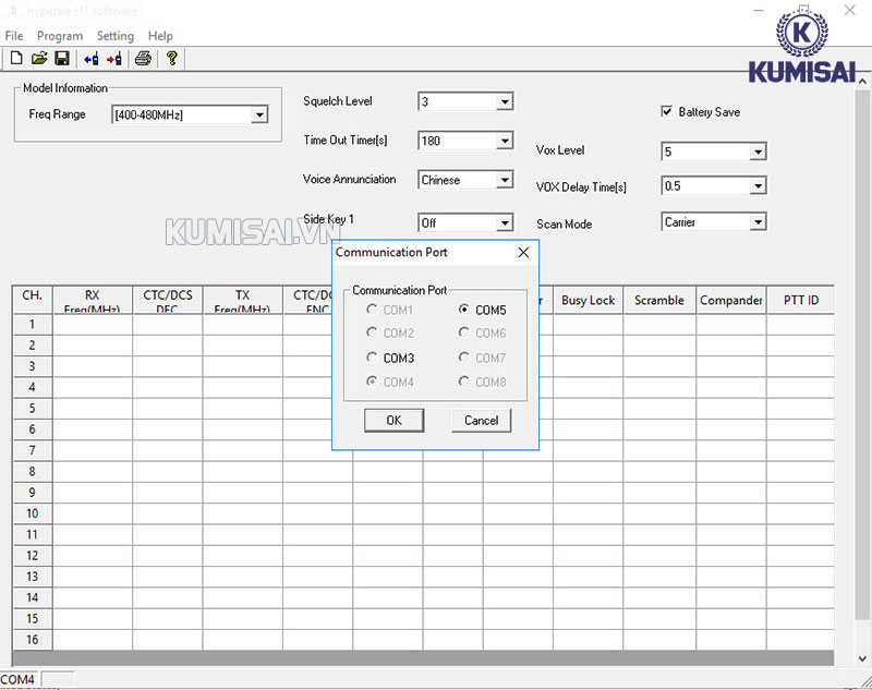 Chọn cổng kết nối COM 