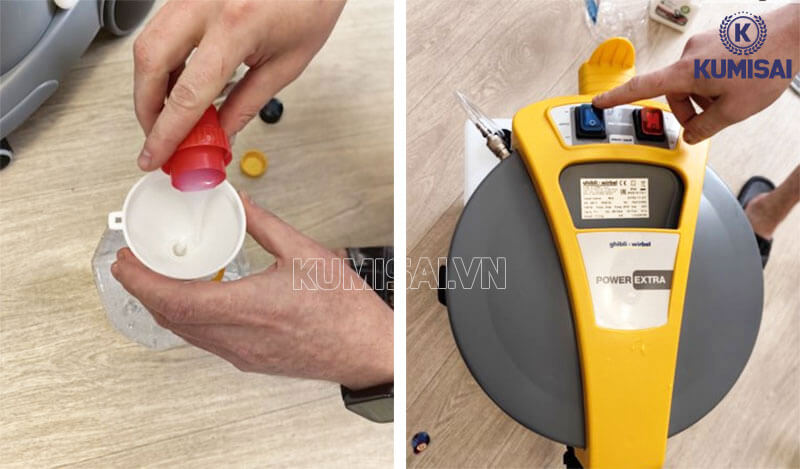 Pha hóa chất và bật công tắc 