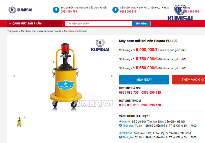 Kumisai Việt Nam bán máy bơm mỡ khí nén Palada PD-100 chính hãng