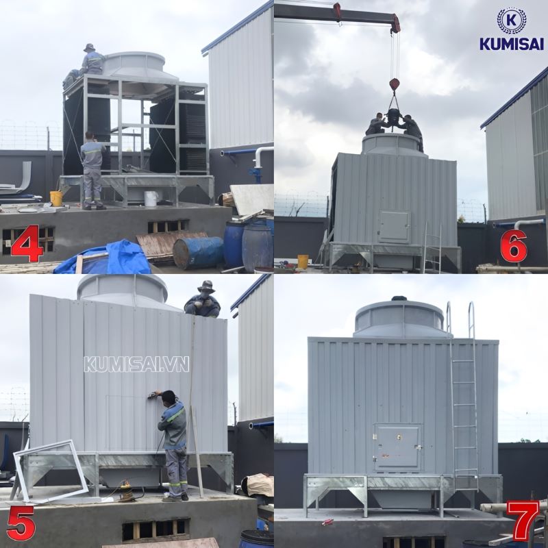 Lắp phần cổ tháp, hệ thống chia nước và các công đoạn hoàn thiện cuối cùng