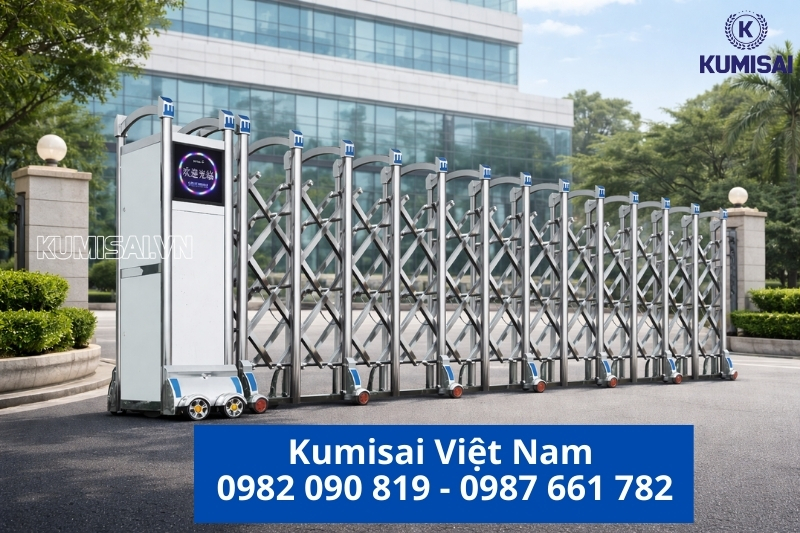 Liên hệ Kumisai Việt Nam - Thi công lắp đặt trọn gói cổng xếp inox chạy điện HI41