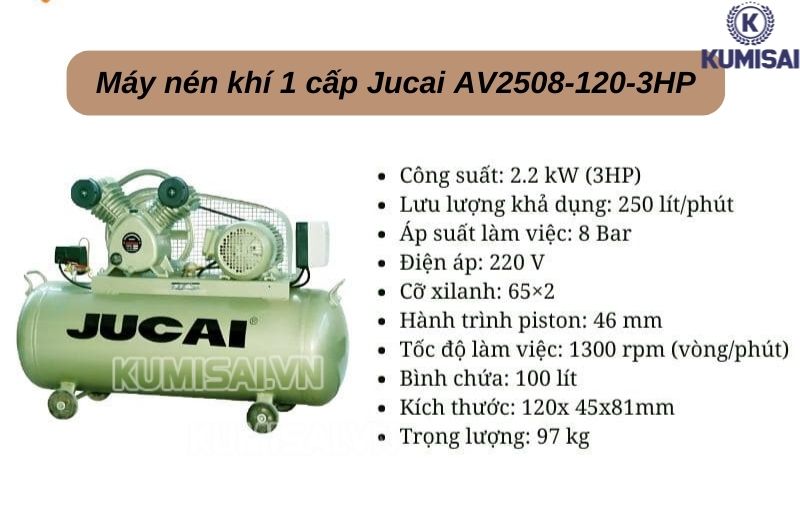 Máy nén khí 1 cấp Jucai AV2508-120-3HP Máy nén khí 1 cấp Jucai AV2508-120-3HP