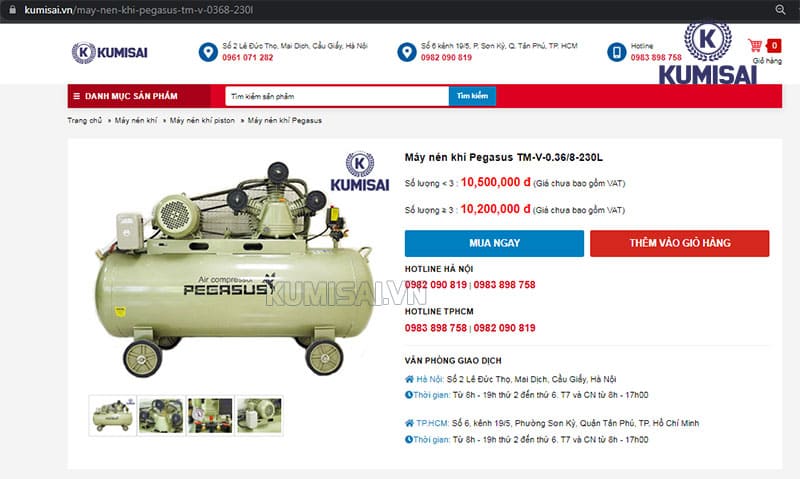 Kumisai Việt Nam bán máy nén khí Pegasus piston TM-V-0.36/8-230L chính hãng