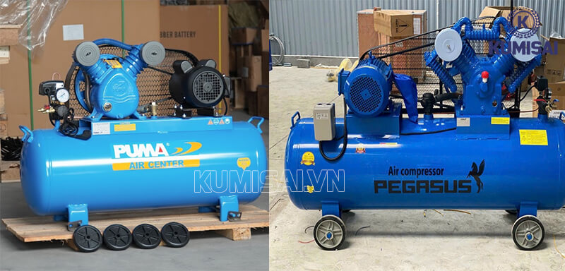 Máy nén khí piston 1 cấp (trái) và máy nén khí piston 2 cấp (phải)