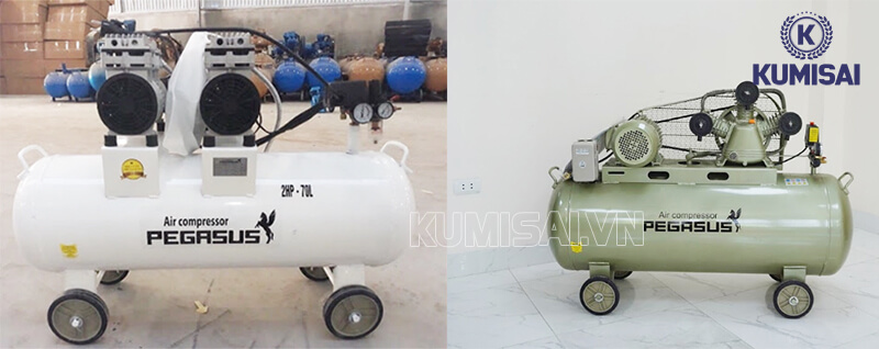 Máy nén khí piston không dầu (trái) và máy nén khí piston có dầu (phải)