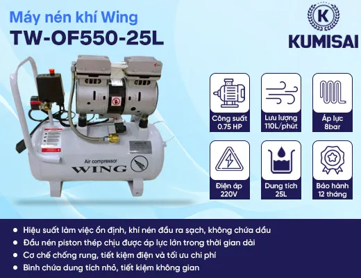Máy nén khí mini không dầu giảm âm Wing TW-OF550-25L - 2