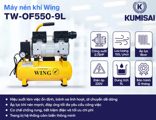 Máy nén khí mini không dầu giảm âm Wing TW-OF550-9L - 2