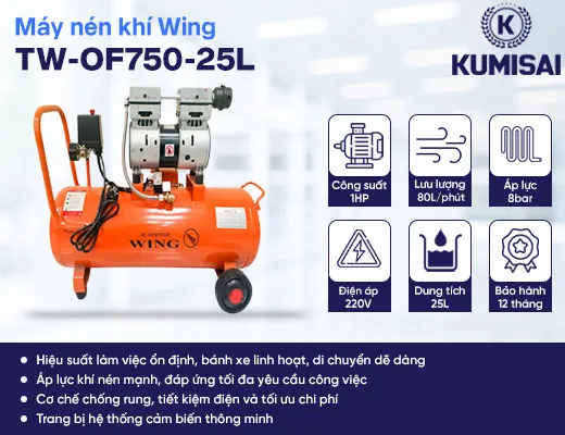 Máy nén khí mini không dầu giảm âm Wing TW-OF750-25L - 2
