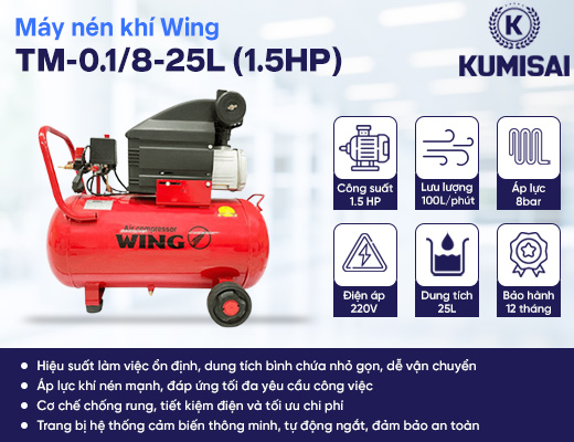 Máy nén khí mini đầu liền Wing TM-0.1/8-25L (1.5HP) - 2