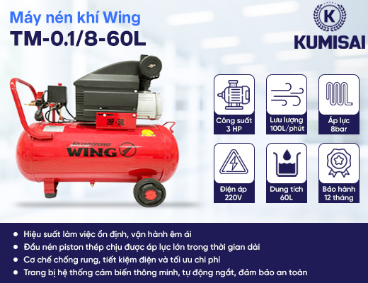 Máy nén khí mini đầu liền Wing TM-0.1/8-60L - 2