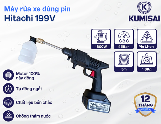 Máy rửa xe Hitachi 199V cầm tay dùng pin - 5