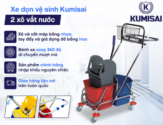 Xe dọn vệ sinh 2 xô vắt nước công nghiệp Kumisai - 2